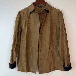 Akris 100% Silk Button Down Top Womens 12 Modern Western Luxe Tan Black